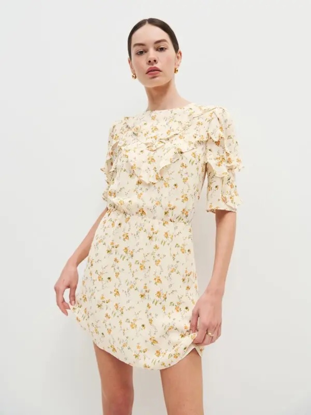 Reformation Malachi Cream Mini Dress With Yellow Floral Print Size 0 Nwot